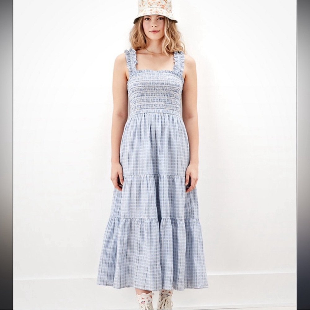 American Eagle Ruffle Smocked Midi Dress Light Blue Size M